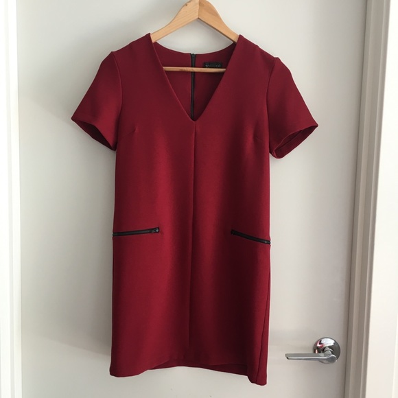Topshop Burgundy Crepe Zip Shift Dress - Size 4 - Picture 3 of 5